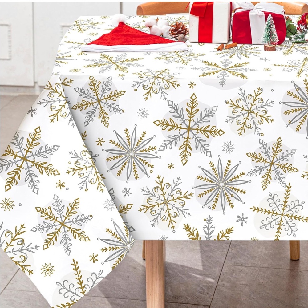 Christmas Winter Tablecloth Gold Silver Snowflake Washable Table Cover
